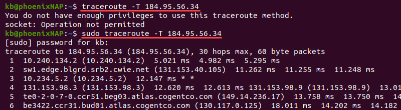 Traceroute -T 不带和带 sudo 终端输出