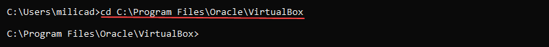 在 Linux 上安装 VirtualBox 扩展包所需的命令提示符中使用 cd 命令导航到 VirtualBox 文件夹