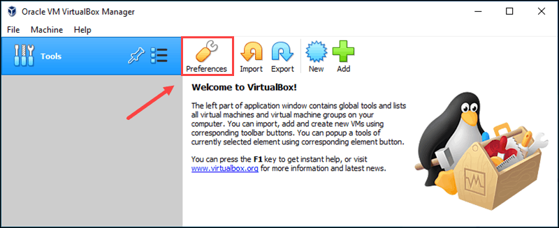 用于启用 VirtualBox 扩展包的 VirtualBox GUI 首选项