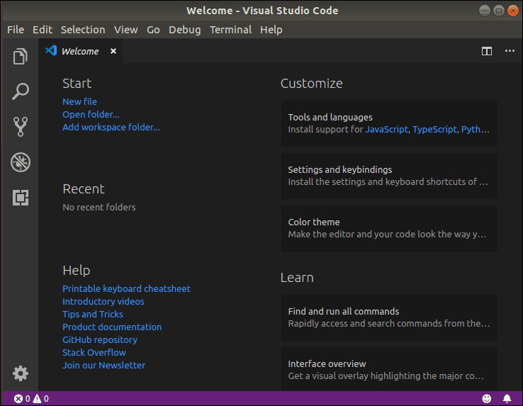 带有帮助的 Visual Studio Code 欢迎菜单