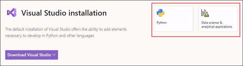 带有 Pyton 和数据科学选项的 Visual Studio 安装页面。