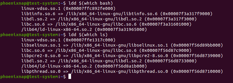 列出与 bash 和 ls 命令关联的库