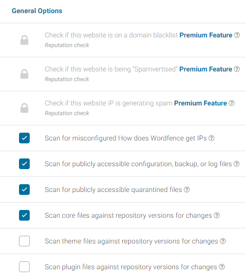 Wordfence Security 中的常规扫描选项