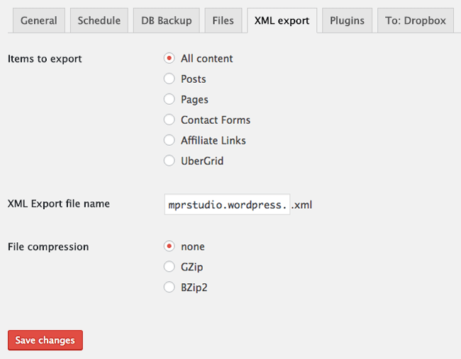 BackWPup 中的 XML 导出选项卡。