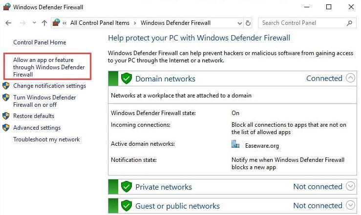 单击通过 Windows Defender 防火墙允许应用或功能 如何修复Windows 10无法连接到World Minecraft?