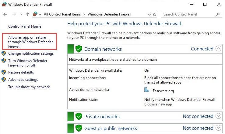 单击通过 Windows Defender 防火墙允许应用或功能