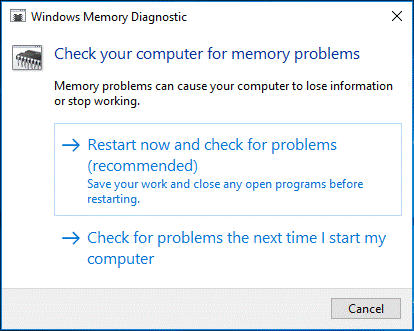 选择立即重新启动并从 Windows 内存诊断中检查问题