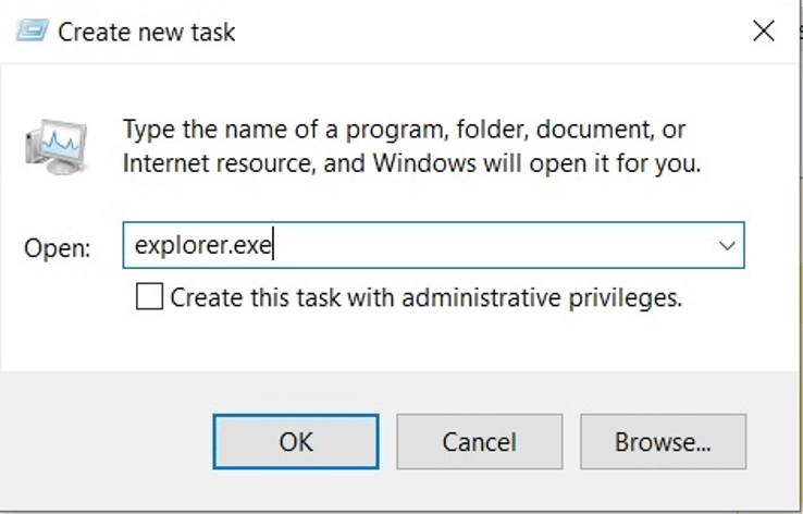 选择运行新任务并输入 explorer.exe