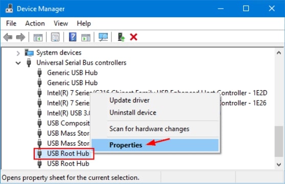 USB 根集线器属性