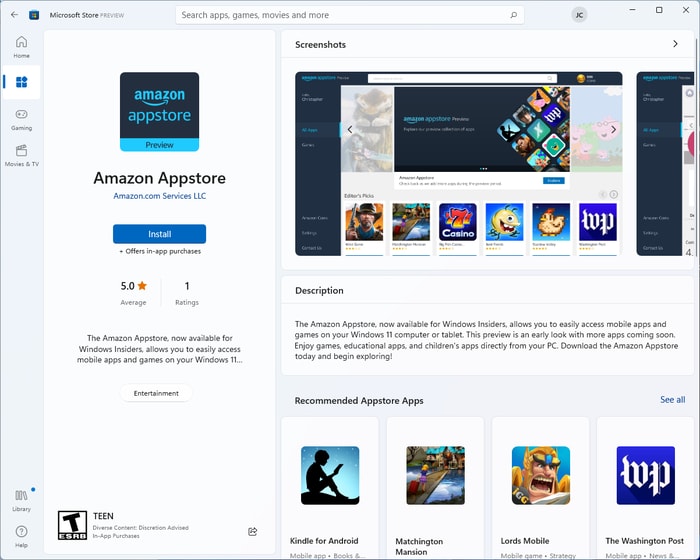 搜索 Amazon Appstore 并点击安装