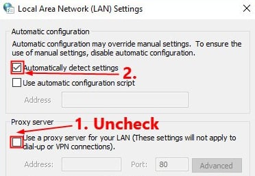 在 LAN 设置中选择自动检测设置