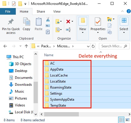 从 Microsoft Edge 包文件夹中删除所有内容