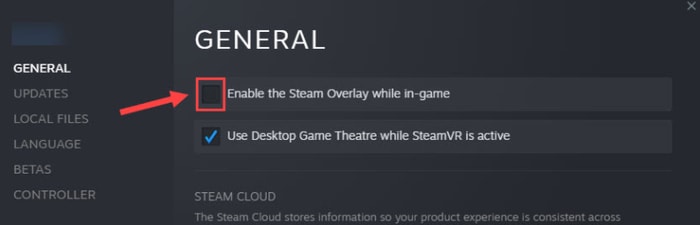 取消选中在游戏中启用 Steam 覆盖选项