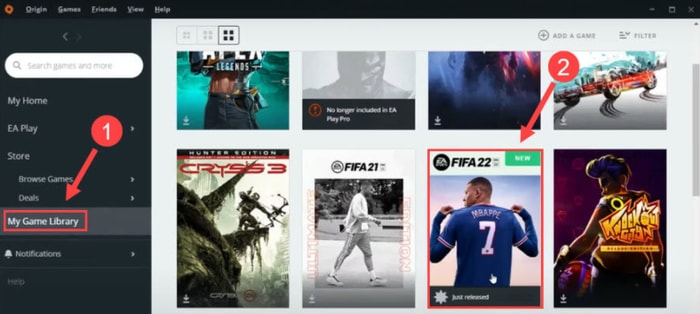 单击我的游戏库并在 Origin 软件的 Origin 中选择 FIFA 22 如何修复FIFA 22在Windows上崩溃的问题?