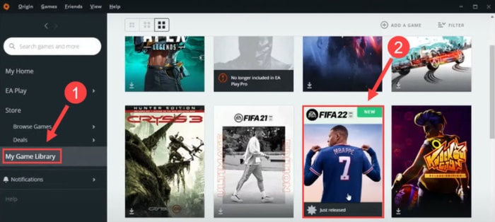 单击我的游戏库并在 Origin 软件的 Origin 中选择 FIFA 22