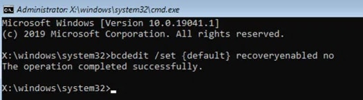 在命令中键入 bcdedit /set {default} recoveryenabled no