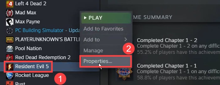 右键单击生化危机 5 并在 Steam 库中选择属性