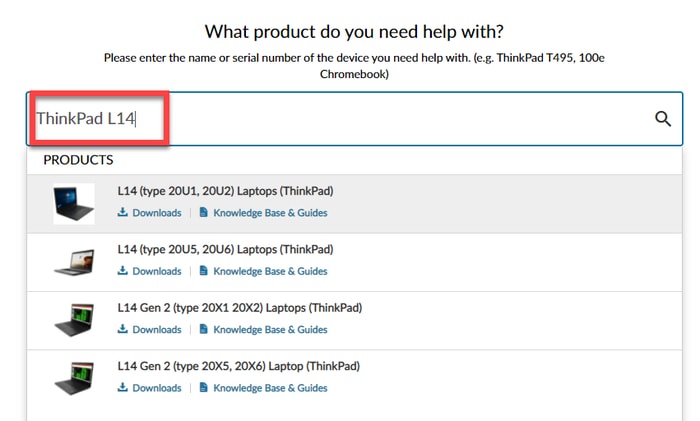 输入并选择 Lenovo ThinkPad L14 型号