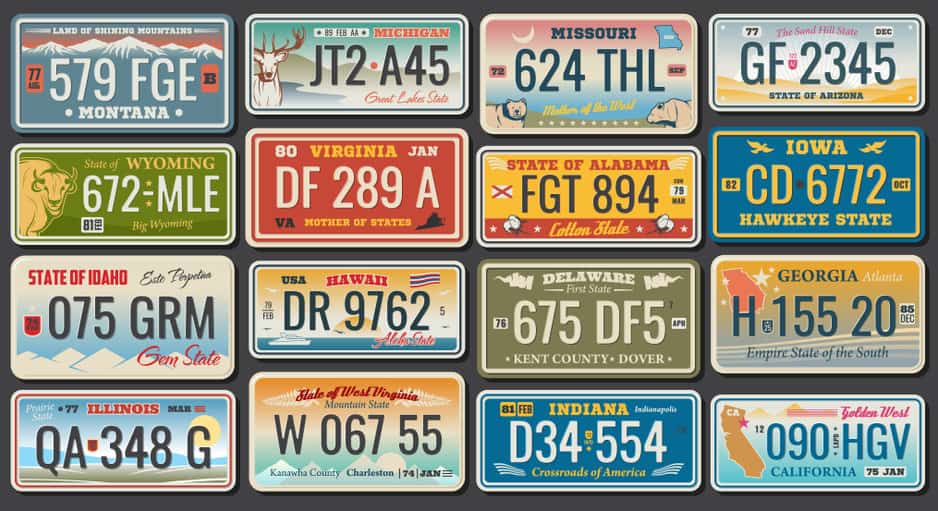各种不同的美国国内注册车牌