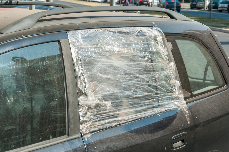 用塑料胶带覆盖汽车的破损侧窗以保护内部