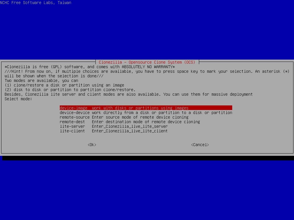CloneZilla 的工作模式选择