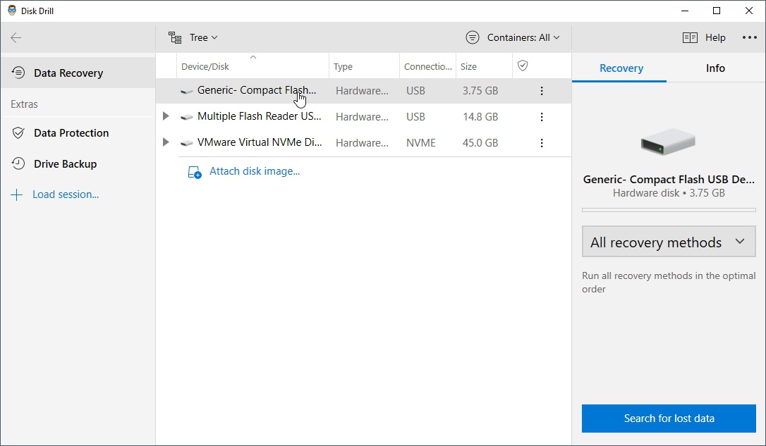 在 Windows 10 Disk Drill 中选择文件恢复设备