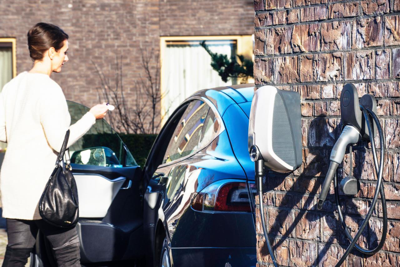 一位女士在她家进入她的电动汽车，墙壁的外部有一个 EVBox Elvi 家用充电站。