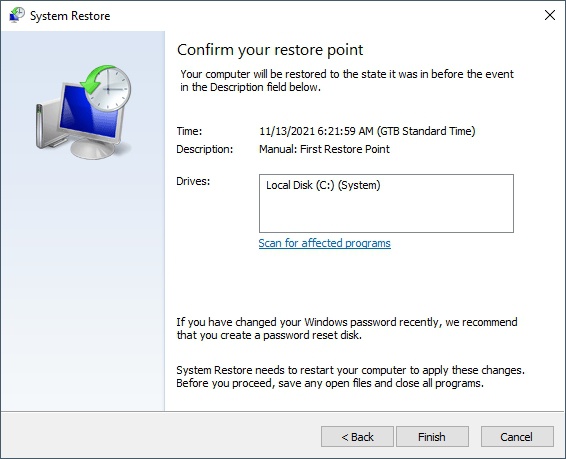最终确认将操作系统恢复到 Windows 10 中以前的还原点。