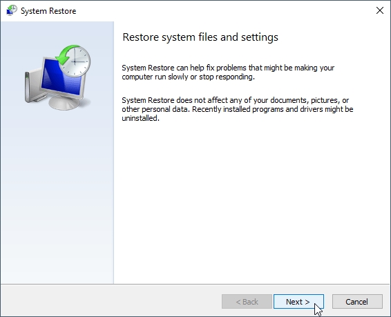 Windows 10 的系统还原向导窗口。