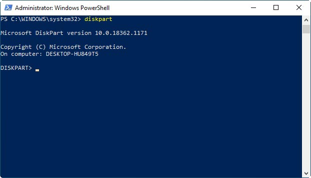 在提升的 PowerShell 中运行 diskpart