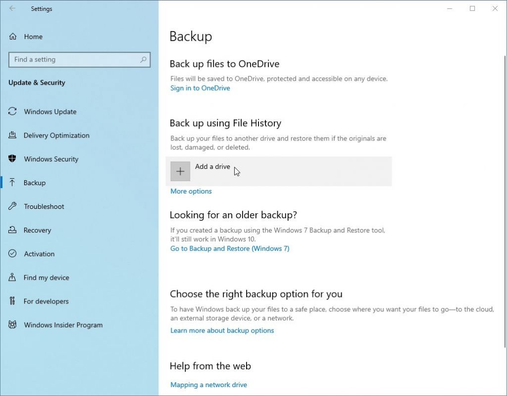 选择用于 Windows 10 的文件历史备份解决方案的驱动器。