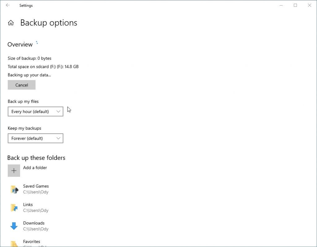 设置 Windows 10 的备份选项。