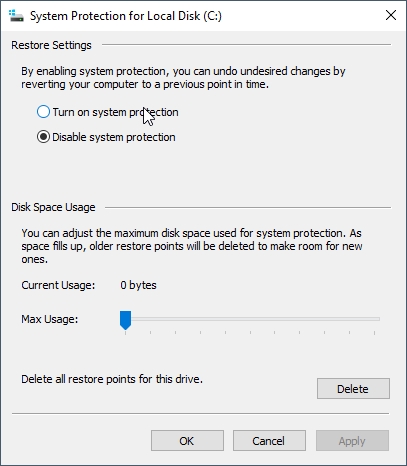 Windows 卷影复制为选定的驱动器打开系统保护