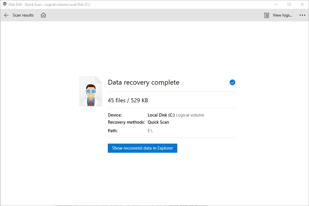 Disk Drill 中的数据恢复完成屏幕。