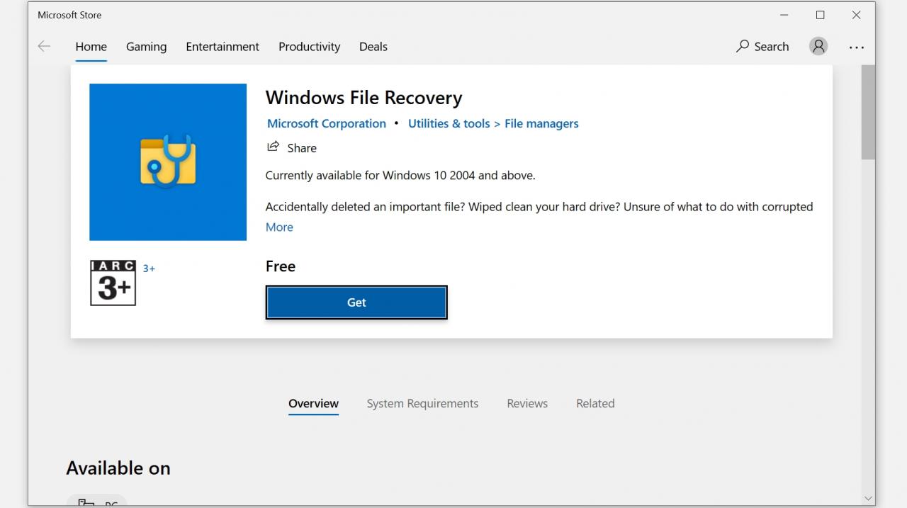 Microsoft Store 上的 Windows 文件恢复工具下载页面。
