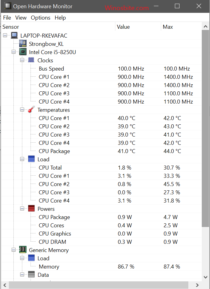 screenshot of Open Hardware Monitor