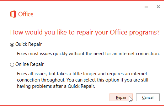 修复 MS Office 应用程序