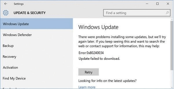 Windows 更新错误 0x80240034