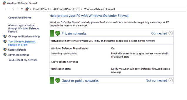 Windows Defender 防火墙窗口