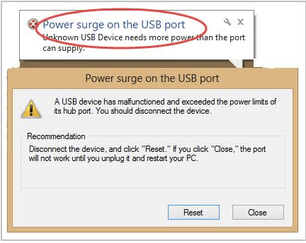 USB 端口出现电涌错误