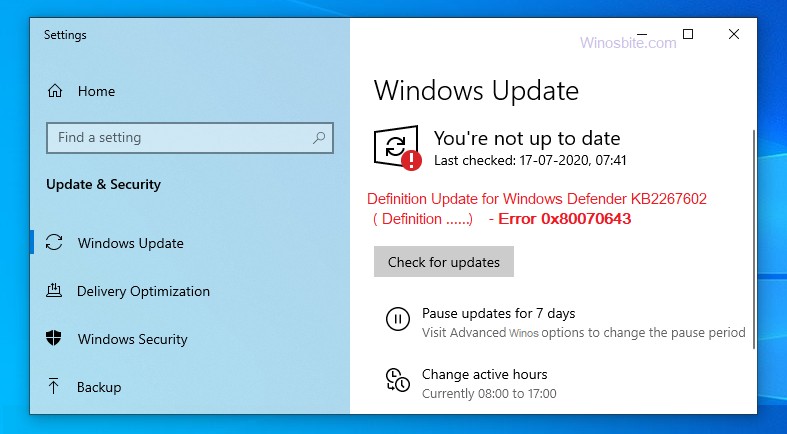 Windows Defender KB2267602 的定义更新（定义......） - 错误 0x80070643