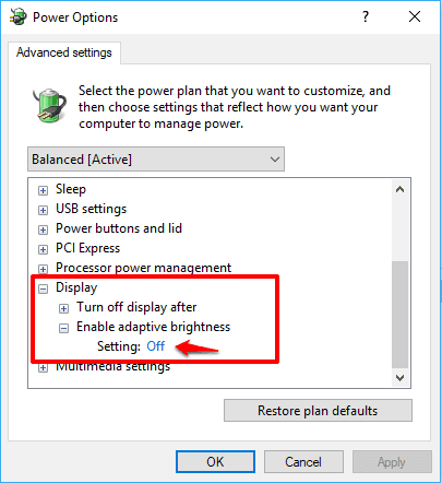 禁用自适应亮度 Windows 10