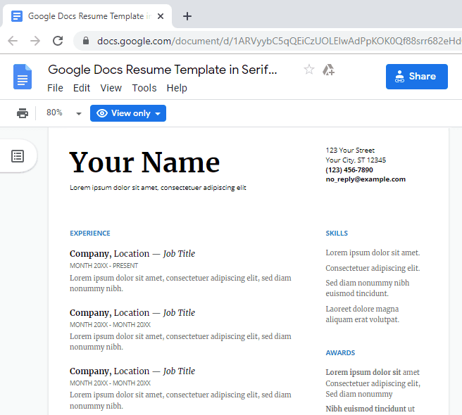 用于简历的谷歌文档模板