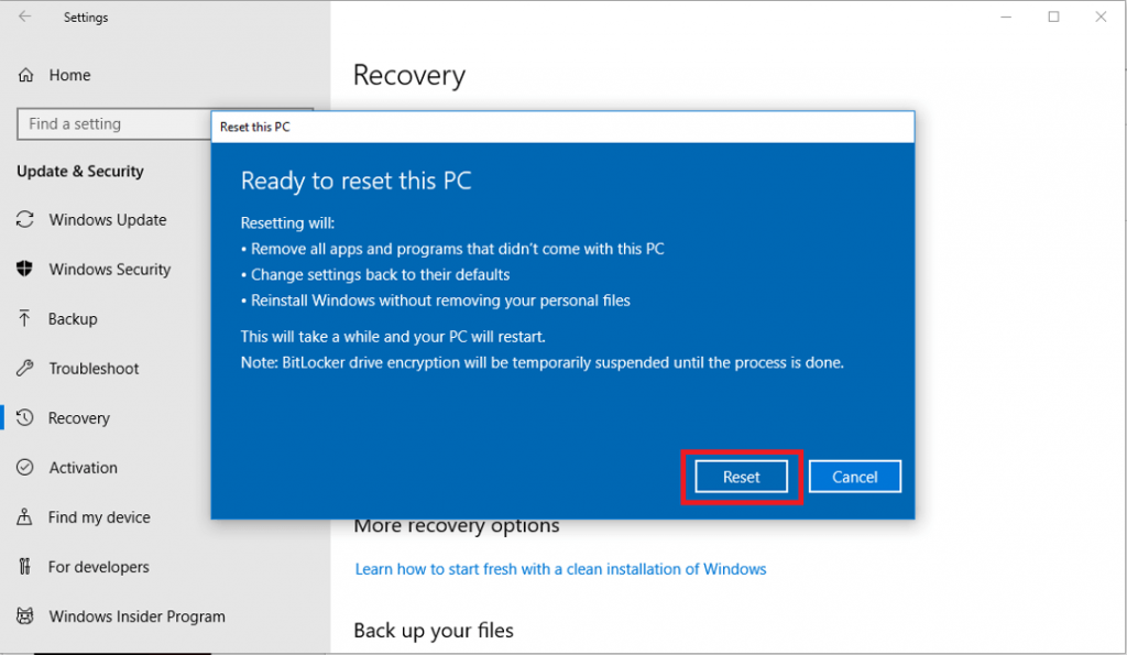 恢复出厂设置 Windows 10