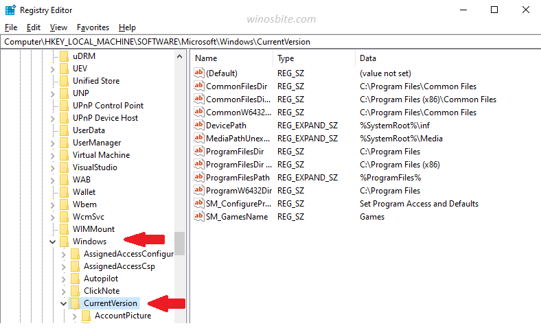 在注册表编辑器 Windows 中，然后是当前版本