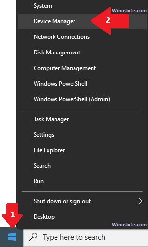 开始按钮右键单击设备管理器 Windows 10