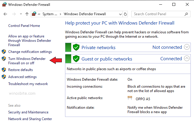 打开或关闭 Windows Defender 防火墙