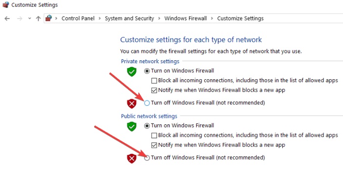 取消选中关闭 Windows 防火墙旁边的框