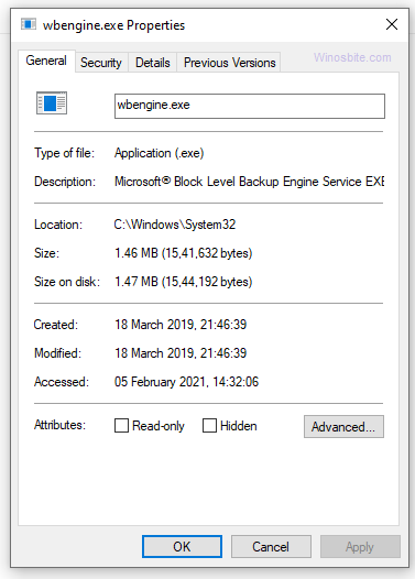 wbengine.exe 文件属性