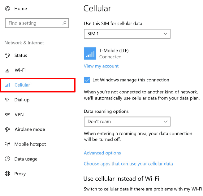 Windows 10 蜂窝网络